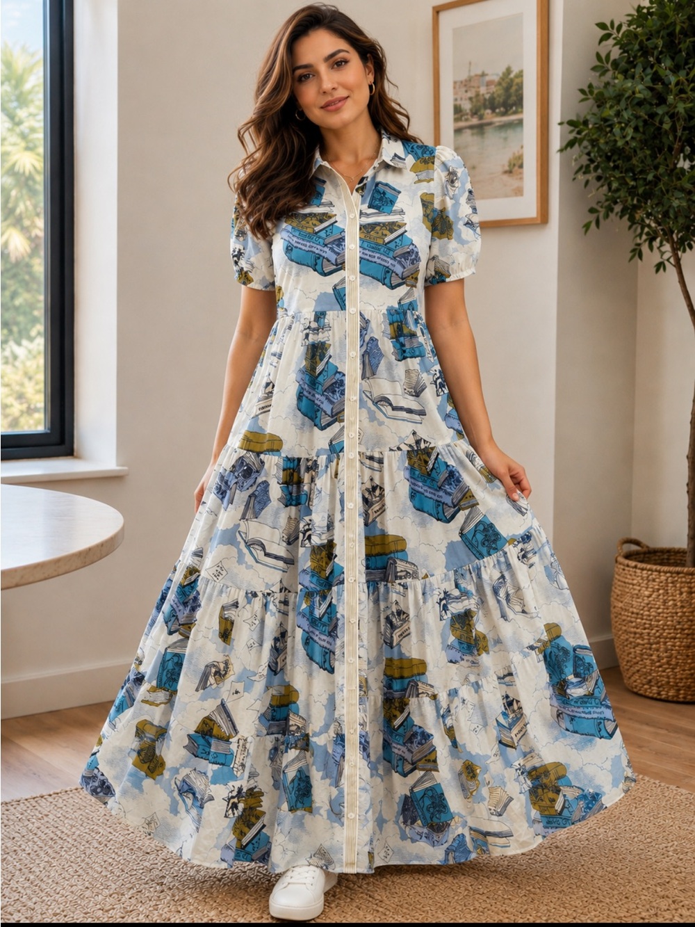 Sezane seliana Tiered Maxi Dress in Cream Blue & Gold Book lion Print 38-6